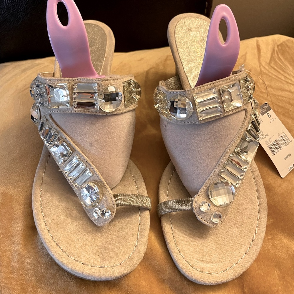 TAUPE SUADE WEDGES WITH LARGE RHINESTONE SANDALS SIZE 8